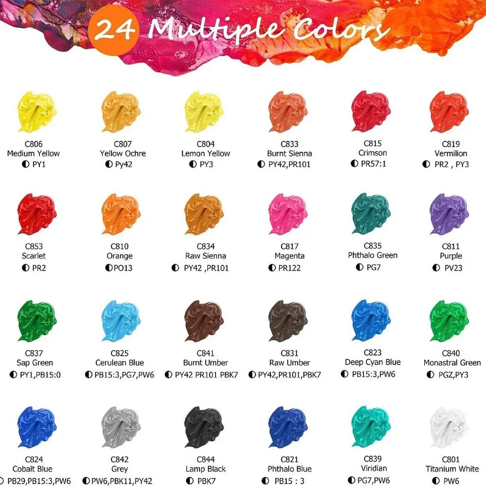 NEW 24 Caliart Acrylic Paint Set colors (59ml, 2oz) Art Craft Paints 12 brushes